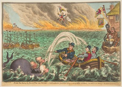 ブリティッシュタールデンマークの艦隊を港に曳航する、広底リヴァイアサンt ...、1807年10月1日。 作： James Gillray