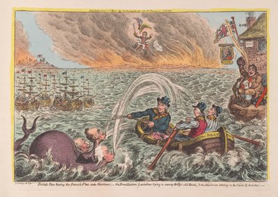 イギリスのタールがデンマークの艦隊を港に牽引している：ビリーズの古いボートを沼地に追い込もうとしているボラドの底のリヴァイアサン、および野望の雲でパブの小さなコルシカ島のよろめき。 1807（手彩色エングラ 作： James Gillray