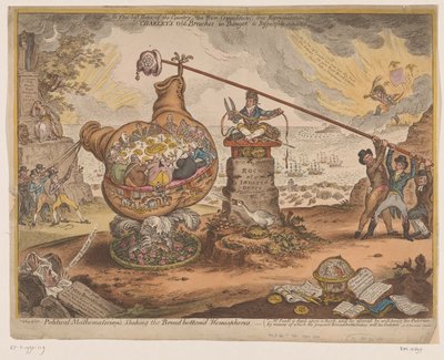 Britse politieke spotprent、1807 政治数学者の、広い底の半球を揺るがす (オブジェクトのタイトル) 作： James Gillray