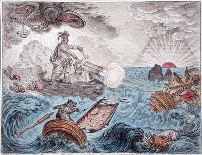 ハンナ・ハンフリーが1806年に出版した「Bruin in his Boat, or The Manager in Distress」（手彩色のエッチング）。 作： James Gillray