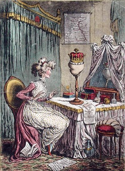 ハンナ・ハンフリーが1807年に出版した「冠の熟考」（アクアチントを施した手彩色のエッチング画） 作： James Gillray