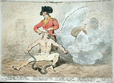 1789年にJ.エイトケンが出版した「脳を冷却する」または「シェーバーを剃る小さな市長」（手彩色のエッチング）。 作： James Gillray
