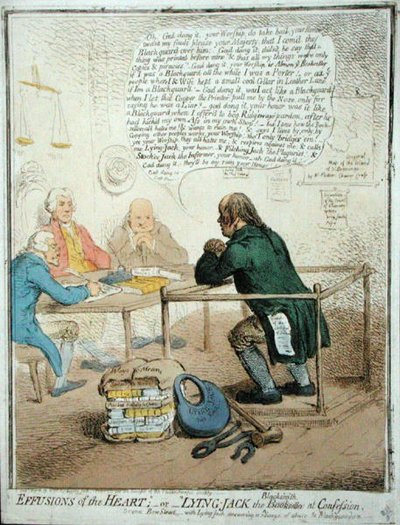 1795年にハンナ・ハンフリーがフィランソロピー協会のために出版した「心の吐露、または告白する鍛冶屋のジャック」（手彩色エッチング）。 作： James Gillray