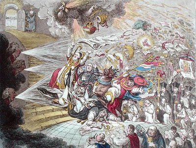 ハンナ・ハンフリーが1805年に出版した「アイルランドのカトリック解放の茶番劇」の終わり（手彩色のエッチング） 作： James Gillray