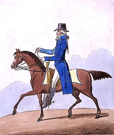 ハンナ・ハンフリーが1803年に出版した「Equestrian Elegance, or A Noble Scot, metamorphosed」（手彩色のエッチング）。 作： James Gillray