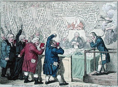1798年にJ.ライトが「反ジャコビン・レビュー」のために出版した「性格の証拠：すなわち、友人と自身による裏切り者の肖像」（手彩色のエッチング）。 作： James Gillray
