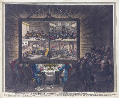 民主主義の透明性の展示、愛国的な感情への影響、パブ。 1799年（手描きの彫刻） 作： James Gillray