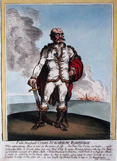 1799年にハンナ・ハンフリーが出版した野戦軍人のスワーロー・ロミニスコイ伯爵（1729-1800）（手彩色の銅版画） 作： James Gillray