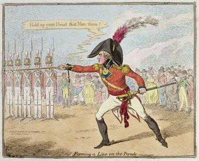 1801年にハンナハンフリーによって発行されたパレードのラインの形成（手塗りのエッチング） 作： James Gillray