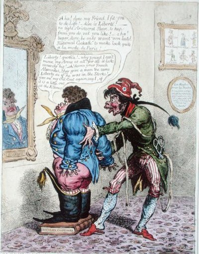 1799年にハンナ・ハンフリーが出版した、ジョン・ブルに「ジャン・ド・ブライ」をあてがうフランス人テイラー（手彩色の銅版画） 作： James Gillray