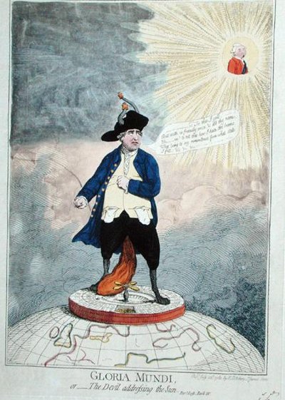 1782年にウィリアム・ハンフリーが出版した『グローリア・ムンディ（太陽に語りかける悪魔）』（手彩色の彫刻版 作： James Gillray