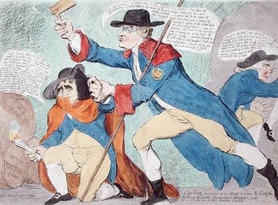 王と貴族院を破壊しようとして発見されたガイ・ヴォー、ハンナ・ハンフリーが1791年に出版（手彩色のエッチング） 作： James Gillray
