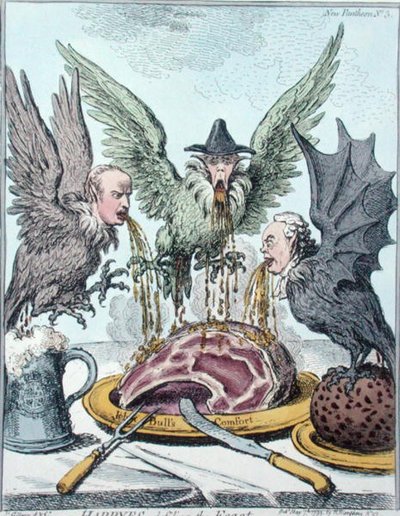 ハンナ・ハンフリーが1799年に出版した「饗宴を破壊するハープアイ」（手彩色の銅版画） 作： James Gillray