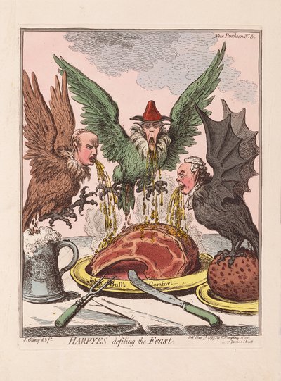 ハーピーズがフィーストをパフ。 1799年（手描きの彫刻） 作： James Gillray