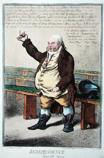 1799年にハンナ・ハンフリーが出版した『Independence, or Tyrwhitt Jones』（手彩色銅版画） 作： James Gillray