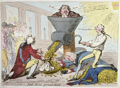 ジョンブルグラウンドダウン、1795年にハンナハンフリーによって公開（手描きのエッチング） 作： James Gillray