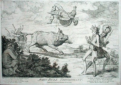 1780年にウィリアム・ハンフリーが出版した「ジョン・ブルの凱旋」（エッチング） 作： James Gillray