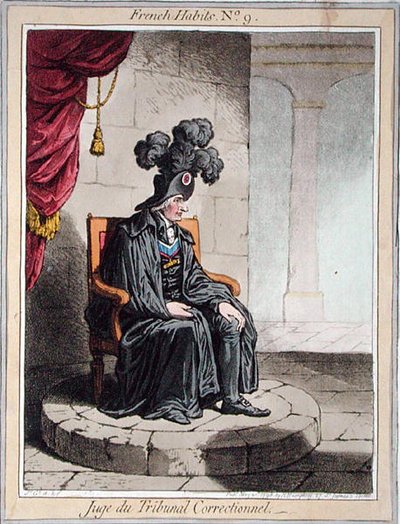 ハンナ・ハンフリーが1798年に出版した「フランスの習慣」の第9版「矯正裁判所のジュジュ」（カラー・エッチング） 作： James Gillray