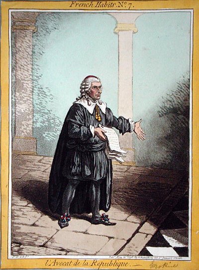 ハンナ・ハンフリーが1798年に出版した『フランス人の習慣』の第7版『共和国の弁護士』（カラー・エッチング） 作： James Gillray