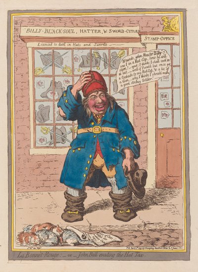 ラ・ボネ・ルージュまたは帽子税を回避するジョン・ブル、パブ。 1797年（ハンドカラー彫刻） 作： James Gillray