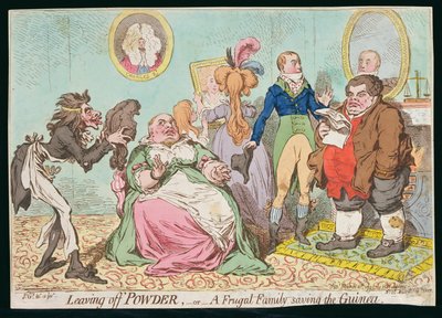 1795年にハンナハンフリーから出版されたパウダー（ギニアを救う質素な家族）の塗り絵（手描きのエッチング） 作： James Gillray