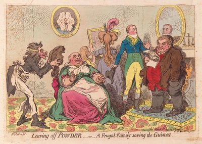 パウダーを捨てる、またはギニアを救う質素な家族、pub.1795（手書きの彫刻） 作： James Gillray