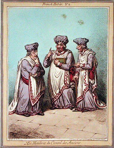 ハンナ・ハンフリーが1798年に出版した「フランス人の習慣」のプレート2「Les Membres du Conseil des Anciens」（カラーエッチング） 作： James Gillray