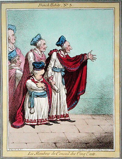 ハンナ・ハンフリーが1798年に出版した「フランスの習慣」の第3版「サンクセント会議のメンバーたち」（カラー・エッチング） 作： James Gillray