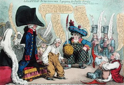 ハンナ・ハンフリーが1801年に出版した「リリプティアン・サブスティチュート、公共サービスのための装備」（手彩色エッチング） 作： James Gillray