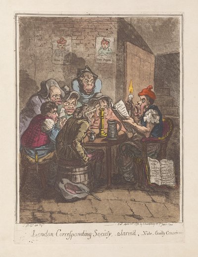 ロンドン通信学会、驚いて、見よ。ギルティ良心、パブ。 1796年（手描きの彫刻） 作： James Gillray