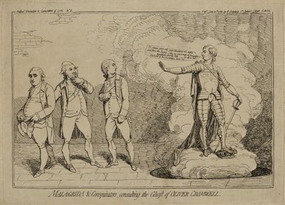 1782年6月10日公開の「Malagrida and Conspirators、Consulting the Ghost of Oliver Cromwell」（6月10日公開） 作： James Gillray
