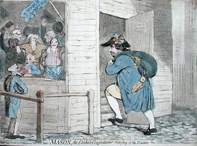 1788年にハンナ・ハンフリーが出版した「Trinketsを処分する公爵の菓子職人メイソン」（手彩色のエッチング） 作： James Gillray