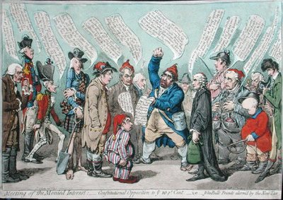 貨幣的利益の会合。1798年にハンナ・ハンフリーが出版した『10％に対する憲法上の反対、あるいは新税に警戒するジョン・ブルの友人たち』（手彩色エッチング）。 作： James Gillray