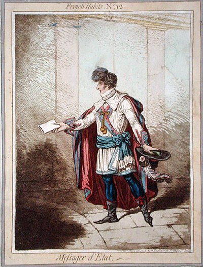 ハンナ・ハンフリーが1798年に出版した「フランスの習慣」の第12版「国王の使者」（カラー・エッチング） 作： James Gillray