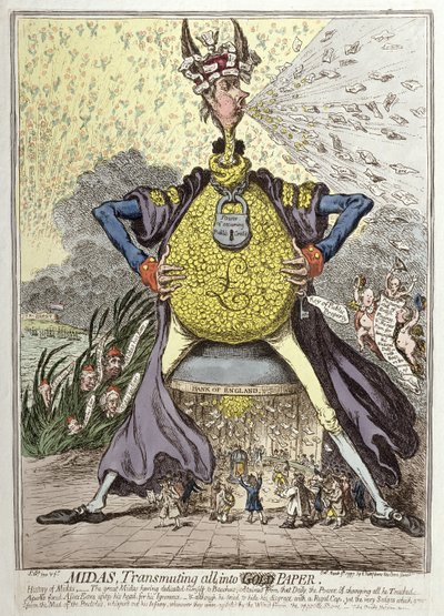 Midas Transmuting all to Gold Paper、Hannah Humphreyによって1797年に出版された（手塗りのエッチング） 作： James Gillray