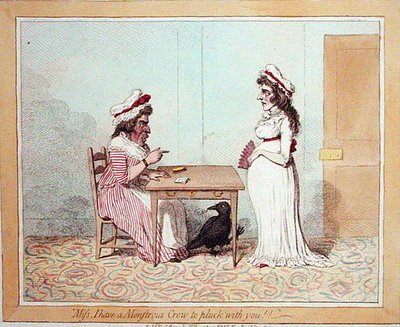 Miss I have a Monstrous Crow to pluck with you」、ハンナ・ハンフリーが1794年に出版した手彩色のエッチング作品。 作： James Gillray