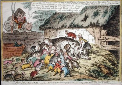 ハンナ・ハンフリーが1806年に出版した『More Pigs than Teats』（手彩色エッチング）。 作： James Gillray
