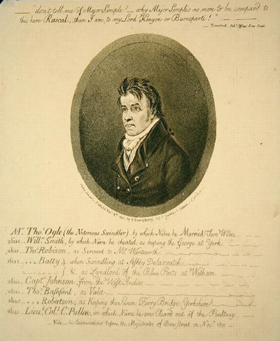 ハンナ・ハンフリーが出版した「悪名高き詐欺師トーマス・オグル氏」。 作： James Gillray
