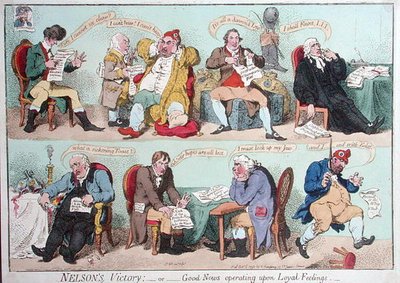 1798年にハンナ・ハンフリーが出版した「ネルソンの勝利」または「忠誠心に作用する良いニュース」（手彩色の銅版画） 作： James Gillray