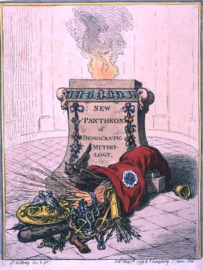 ハンナ・ハンフリーが1799年に出版した「New Pantheon of Democratic Mythology」（手彩色エッチング）。 作： James Gillray
