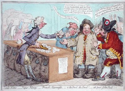 1796年にハンナ・ハンフリーが出版した「予算案の開封、またはジョン・ブルがベーコンを救うためにブリーチを与える」（手彩色の銅版画） 作： James Gillray