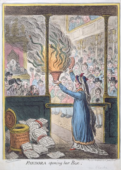 パンドラが彼女の箱を開ける、ハンナ・ハンフリー発行、1809年（手描きのエッチング） 作： James Gillray