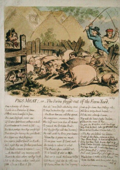 1798年にハンナ・ハンフリーが出版した「豚の肉」または「農場から追い出された豚」（手彩色の銅版画） 作： James Gillray