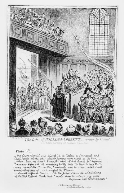 パブ自身が書いた「ウィリアムコベットの生涯」からのプレート6。 H・ハンフリー作、1809 作： James Gillray