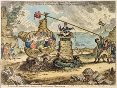 1807年にHannah Humphreyによって出版されたBroadbottom&39;d半球を振る政治数学者（エッチングと彫刻） 作： James Gillray