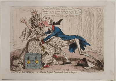 政治的暴動、または危険にさらされているThreadneedle Streetの老婦人！、Hannah Humphreyにより発行、1797年（手描きのエッチング） 作： James Gillray