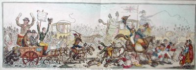 ハンナ・ハンフリーが1806年に出版した「選挙への投稿：ブレントフォードへの道の風景」（手彩色のエッチング） 作： James Gillray