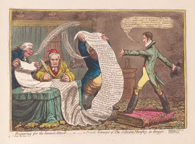 グランドアタックの準備、または危険にさらされたci-devant省のプライベートリハーサル、パブ. 1801年（手彩色彫刻） 作： James Gillray