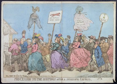 1784年にG.ハンフリーによって出版された、成功したキャンバスの後のHustingsへの行列（手描きのエッチング） 作： James Gillray