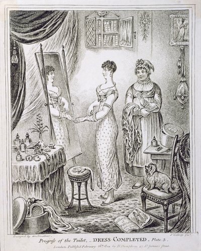 1810年にHannah Humphreyによって発行された、トイレまたはドレス完成の進捗状況 作： James Gillray